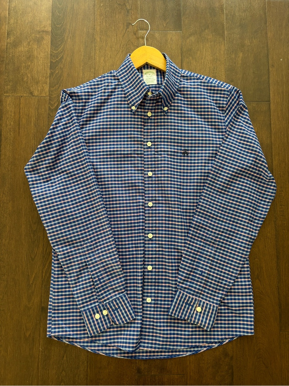 Brooks Brothers Milano Fit Non-Iron Stretch Shirt Blue Red Check Mens M Like New